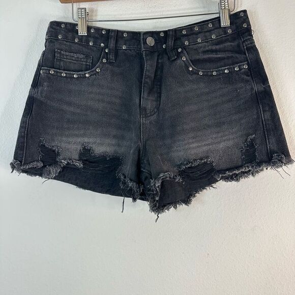 Austin Landing Black Distressed Studded Denim Mini Shorts Women 28” Biker Grunge - Picture 1 of 10